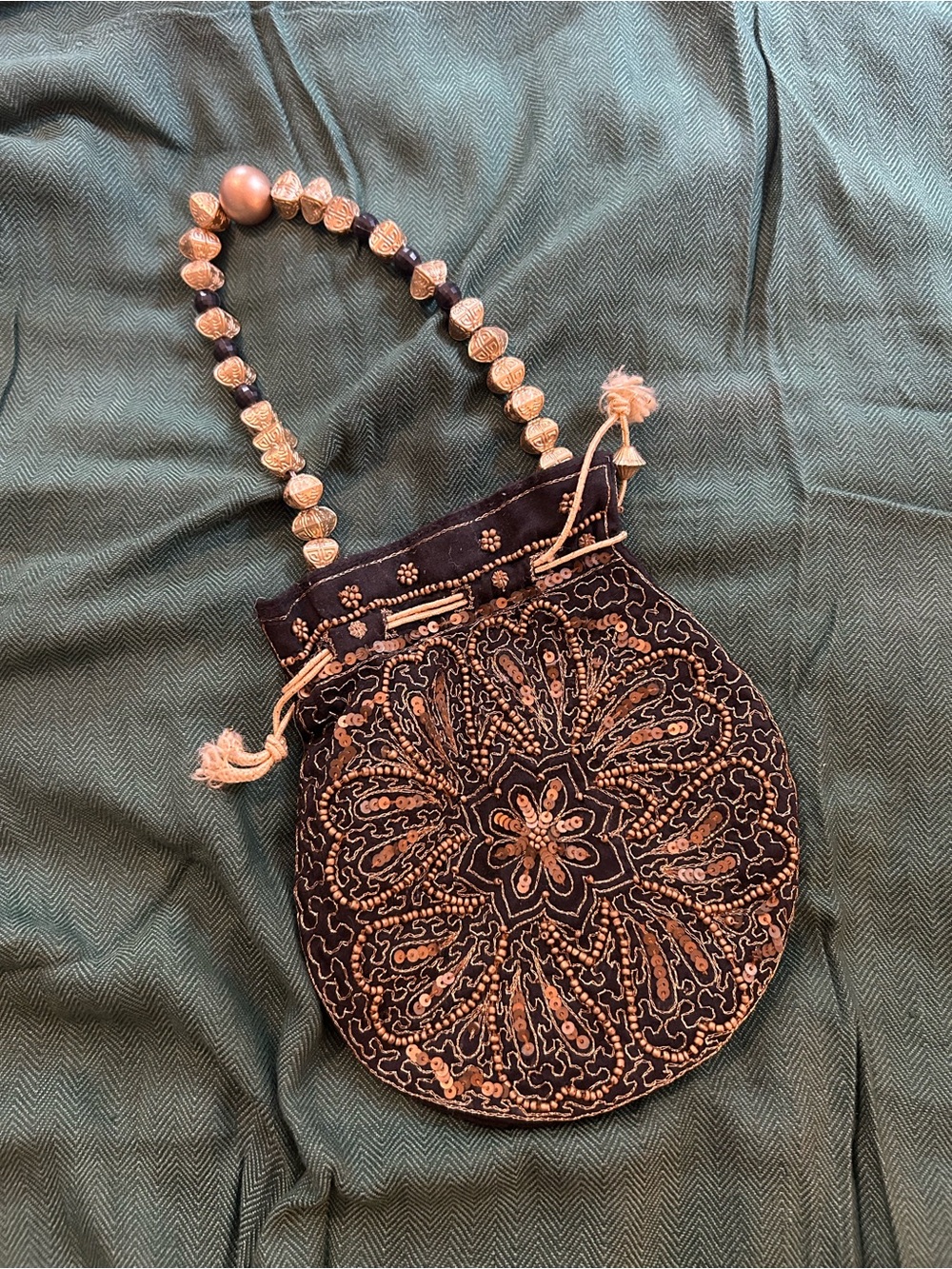 Black Embroidered Round Drawstring Mini Bag with Beaded Handle